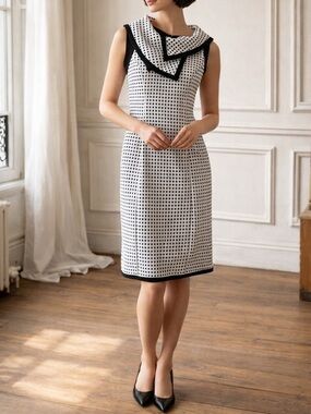 Joseph Ribkoff Black White Audrey Check Sleeveless Collared Classic Sheath Dress